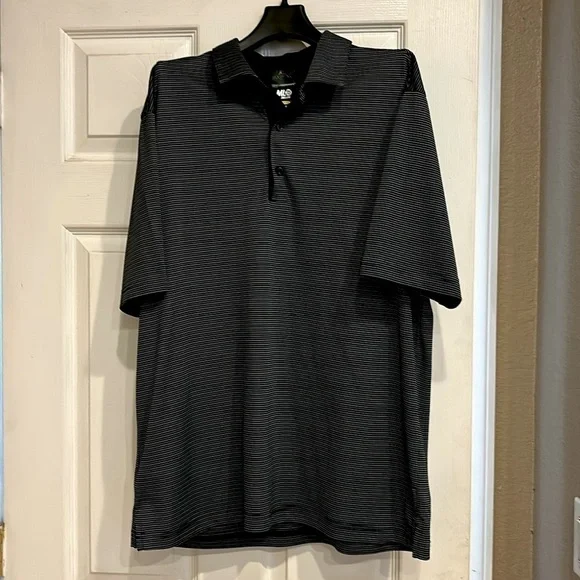 Men’s Large Greg Norman ML 75 2 below golf shirt black with stripes - Picture 1 of 3